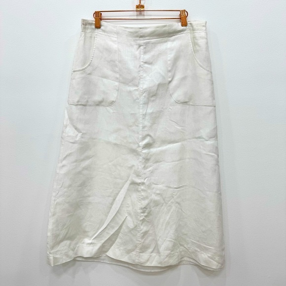 Choices 100% Linen white flat front skirt midi with front Pockets elastic back - Picture 1 of 4